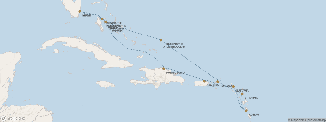 Seven Seas Prestige Voyage PRT290109 itinerary map from Miami to Miami, January 9-19 2029, 10 days