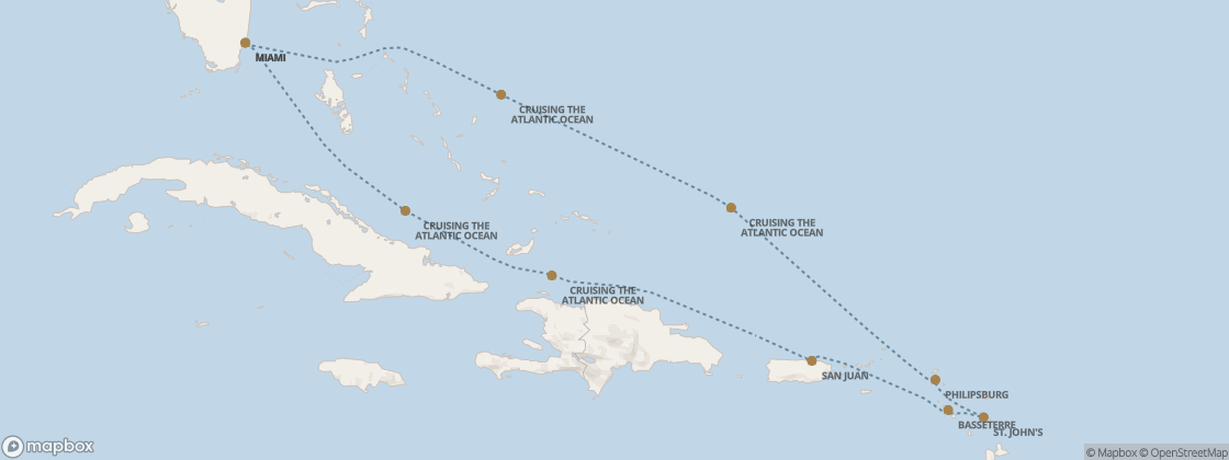 Seven Seas Prestige Voyage PRT290129 itinerary map from Miami to Miami, January 29-February 7 2029, 9 days