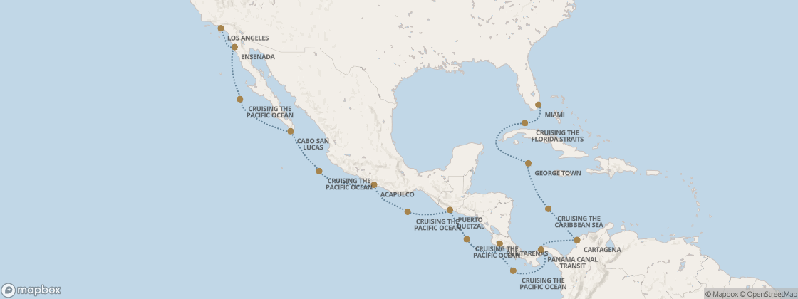 Seven Seas Prestige Voyage PRT290207 itinerary map from Miami to Los Angeles, February 7-23 2029, 16 days
