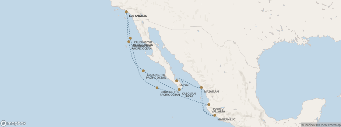 Seven Seas Prestige Voyage PRT290223 itinerary map from Los Angeles to Los Angeles, February 23-March 5 2029, 10 days