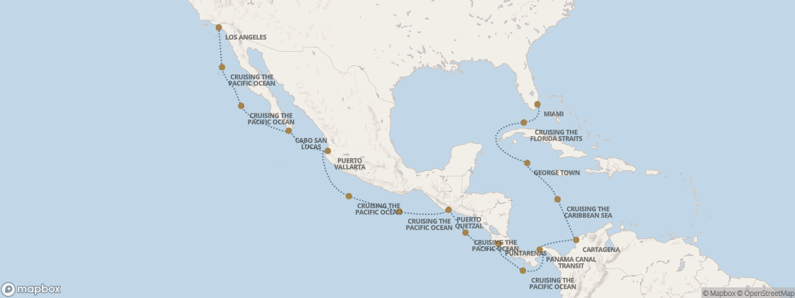 Seven Seas Prestige Voyage PRT290305 itinerary map from Los Angeles to Miami, March 5-21 2029, 16 days