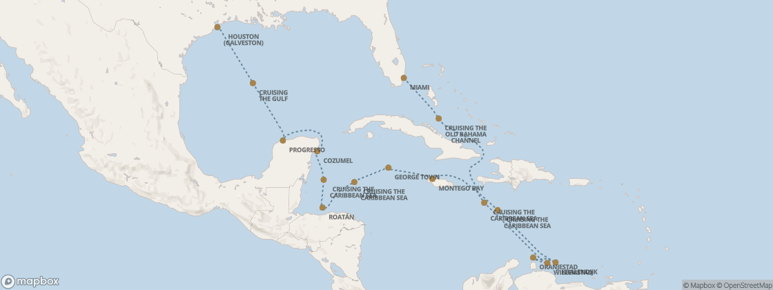 Seven Seas Splendor Voyage SPL261115 itinerary map from Miami to Houston (Galveston), November 15-30 2026, 15 days