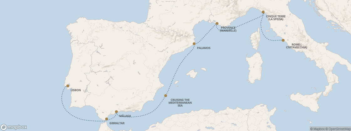 Seven Seas Splendor Voyage SPL271031 itinerary map from Rome (Civitavecchia) to Lisbon, October 31-November 7 2027, 7 days
