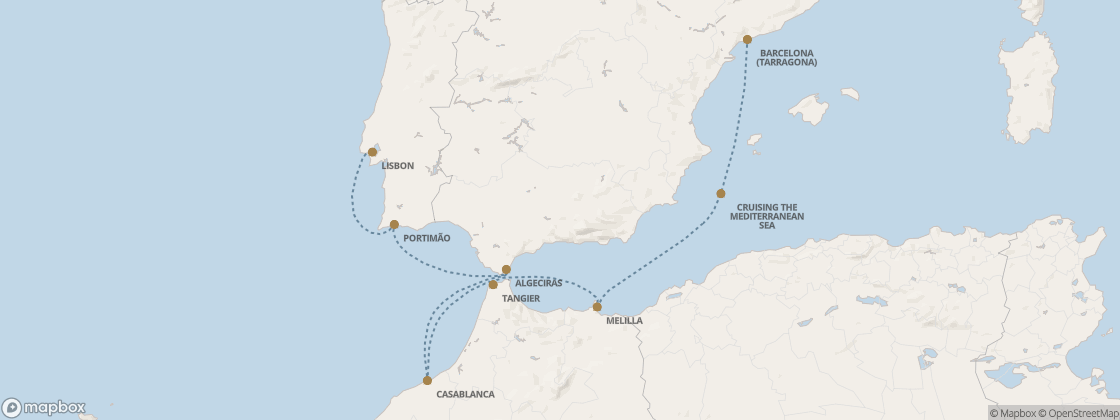 Seven Seas Splendor Voyage SPL271107 itinerary map from Lisbon to Barcelona (Tarragona), November 7-14 2027, 7 days