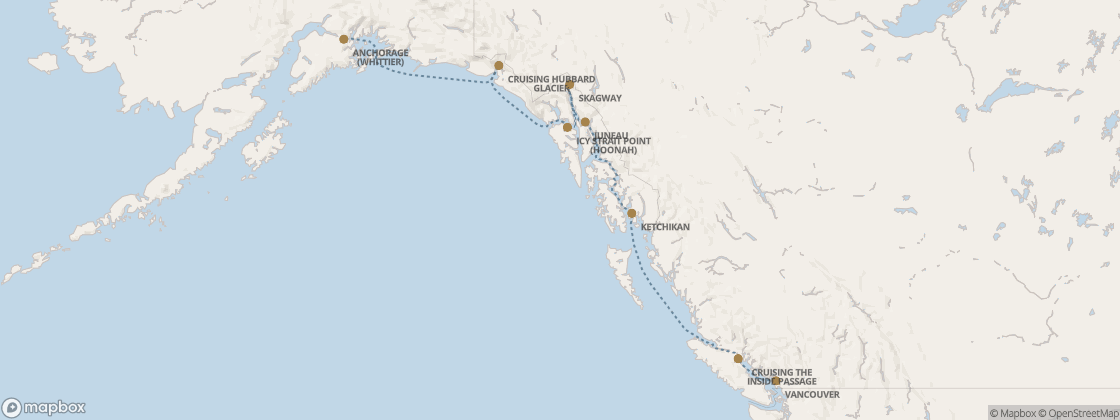 Seven Seas Splendor Voyage SPL280621 itinerary map from Vancouver to Whittier, June 21-28 2028, 7 days