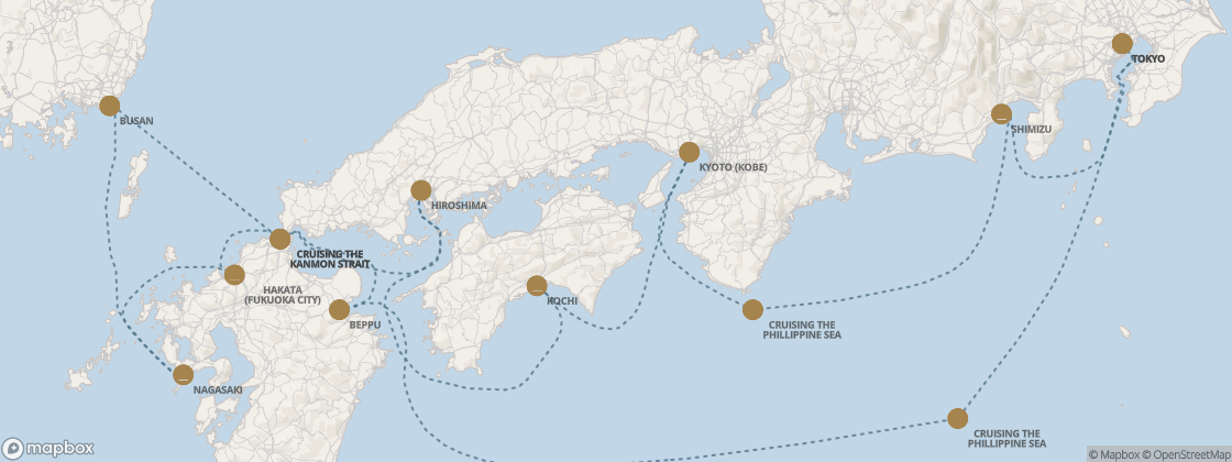 Seven Seas Splendor Voyage SPL281002 itinerary map from Tokyo to Tokyo, October 2-13 2028, 11 days