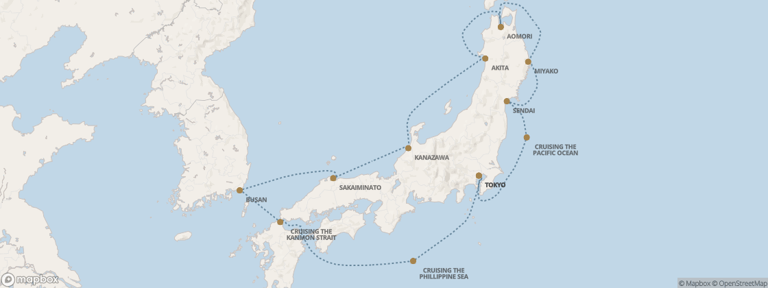Seven Seas Splendor Voyage SPL281013 itinerary map from Tokyo to Tokyo, October 13-24 2028, 11 days
