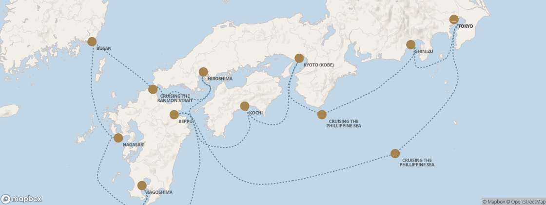 Seven Seas Splendor Voyage SPL281024 itinerary map from Tokyo to Tokyo, October 24-November 4 2028, 11 days