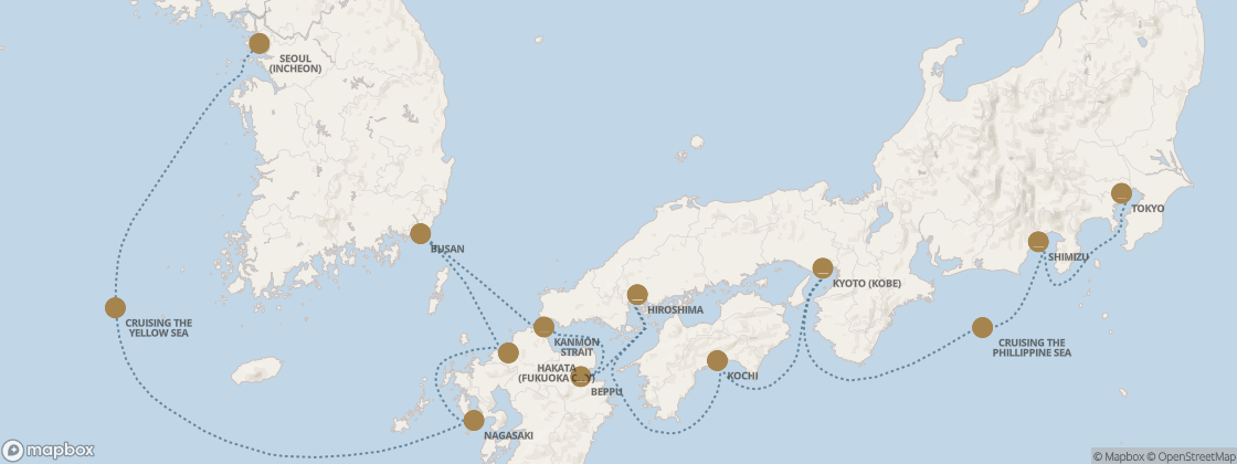 Seven Seas Splendor Voyage SPL281104 itinerary map from Tokyo to Seoul (Incheon), November 4-15 2028, 11 days