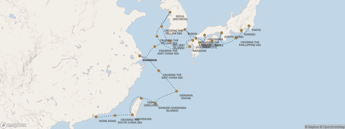 Seven Seas Splendor Voyage SPL281104A itinerary map from Tokyo to Hong Kong, November 4-27 2028, 23 days