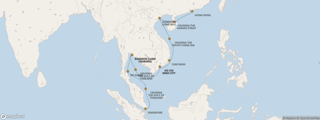 Seven Seas Splendor Voyage SPL281127 itinerary map from Hong Kong to Singapore, November 27-December 9 2028, 12 days