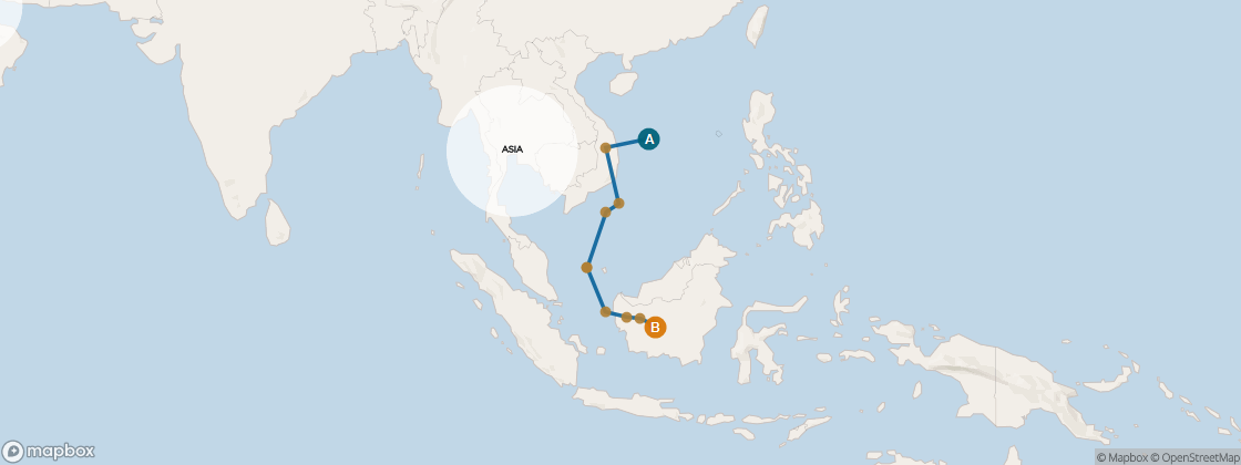 Seven Seas Splendor Voyage SPL290104 itinerary map from Hong Kong to Bali (Benoa), January 4-18 2029, 14 days