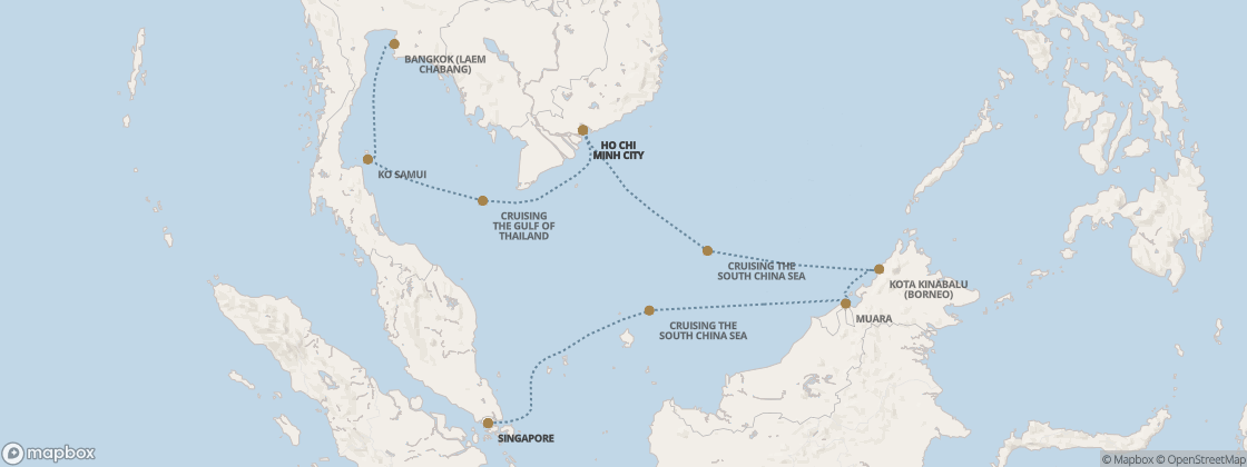 Seven Seas Splendor Voyage SPL290129 itinerary map from Singapore to Bangkok (Laem Chabang), January 29-February 9 2029, 11 days
