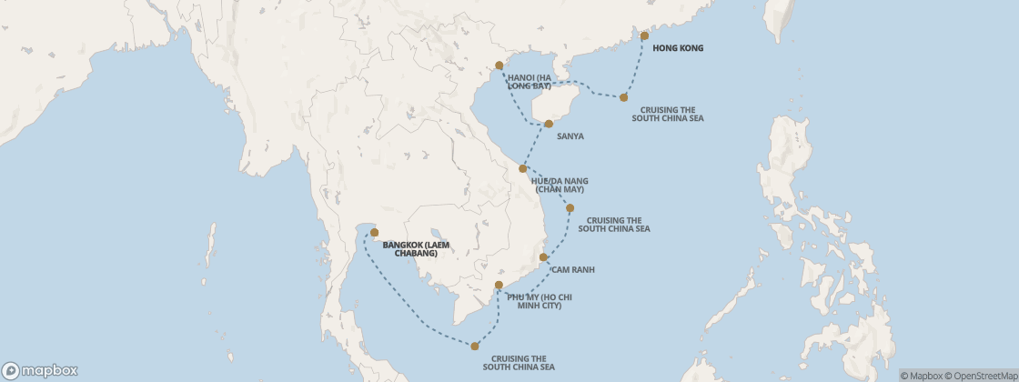 Seven Seas Splendor Voyage SPL290209 itinerary map from Bangkok (Laem Chabang) to Hong Kong, February 9-20 2029, 11 days