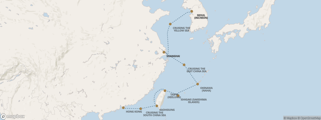 Seven Seas Splendor Voyage SPL290220 itinerary map from Hong Kong to Seoul (Incheon), February 20-March 3 2029, 11 days