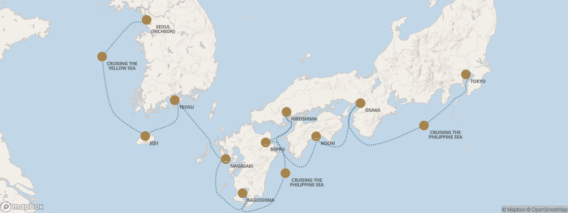 Seven Seas Splendor Voyage SPL290303 itinerary map from Seoul (Incheon) to Tokyo, March 3-15 2029, 12 days