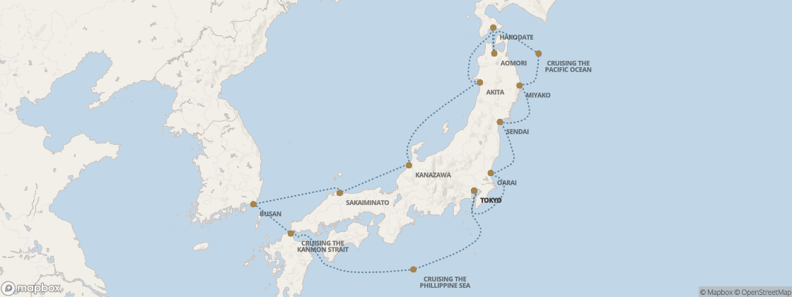 Seven Seas Splendor Voyage SPL290406 itinerary map from Tokyo to Tokyo, April 6-20 2029, 14 days