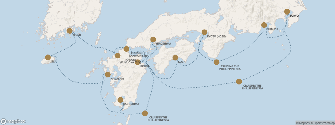 Seven Seas Splendor Voyage SPL290420 itinerary map from Tokyo to Tokyo, April 20-May 4 2029, 14 days