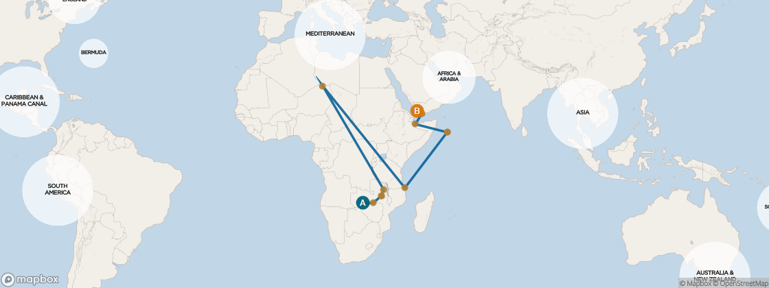 Seven Seas Voyager Voyage number not verified itinerary map from Cape Town, South Africa to Dubai, United Arab Emirates, February 28-March 20 2026, 20 days