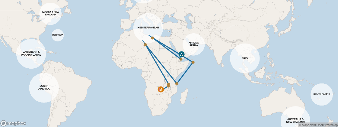 Seven Seas Voyager Voyage number not verified itinerary map from Dubai, United Arab Emirates to Cape Town, South Africa, January 7-27 2026, 20 days