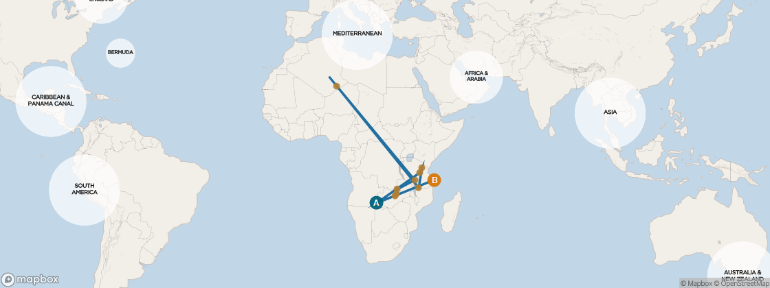 Seven Seas Voyager Voyage VOY260127 itinerary map from Cape Town, South Africa to Port Louis, Mauritius, January 27-February 12 2026, 16 days