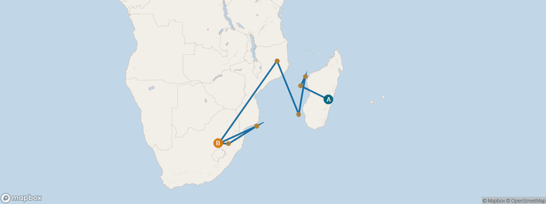Seven Seas Voyager Voyage VOY260212 itinerary map from Port Louis, Mauritius to Cape Town, South Africa, February 12-28 2026, 16 days