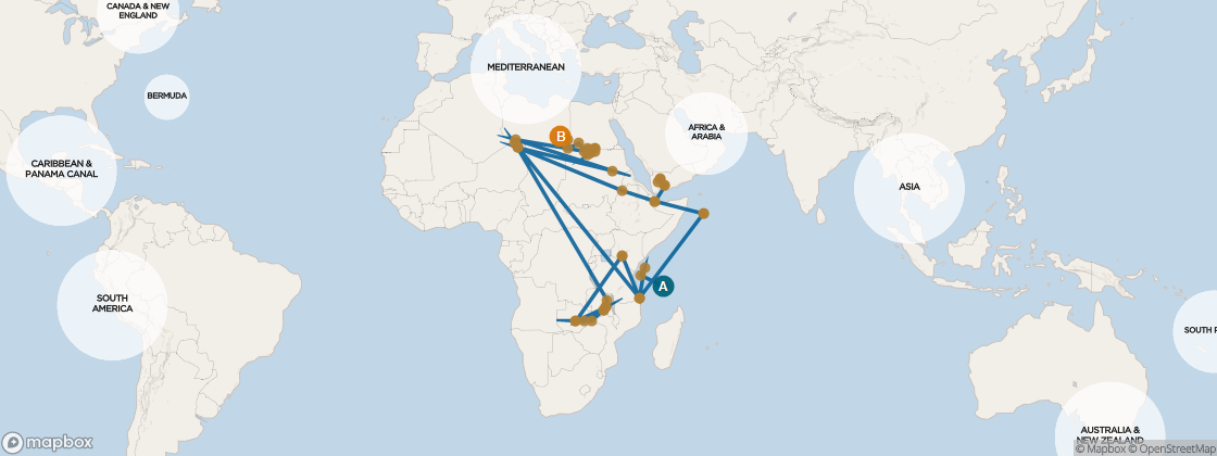 Seven Seas Voyager Voyage VOY260212C itinerary map from Port Louis, Mauritius to Rome (Civitavecchia), Italy, February 12-April 17 2026, 64 days