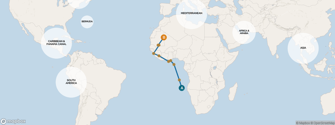 Seven Seas Voyager Voyage VOY260228 itinerary map from Cape Town, South Africa to Lisbon, Portugal, February 28-March 23 2026, 23 days