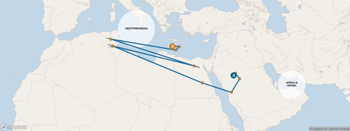 Seven Seas Voyager Voyage VOY260320 itinerary map from Dubai, United Arab Emirates to Athens (Piraeus), Greece, March 20-April 7 2026, 18 days