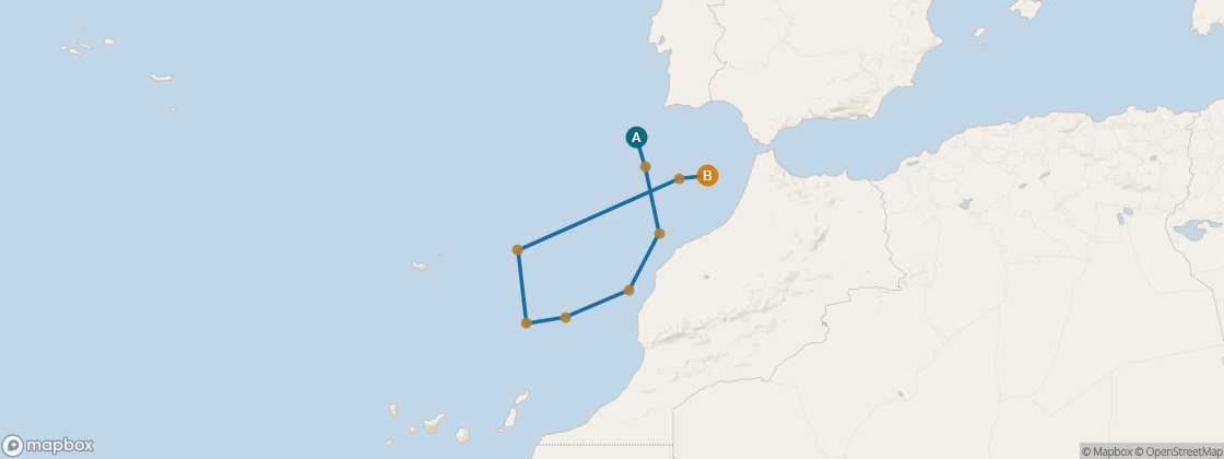 Seven Seas Voyager Voyage VOY260323 itinerary map from Lisbon, Portugal to Malaga, Spain, March 23-April 2 2026, 10 days
