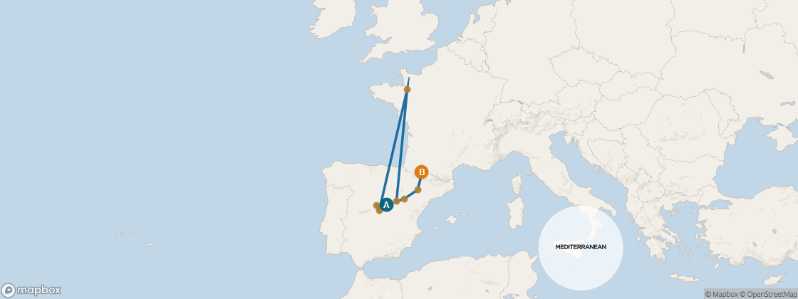 Seven Seas Voyager Voyage VOY260402 itinerary map from Malaga, Spain to Barcelona, Spain, April 2-10 2026, 8 days