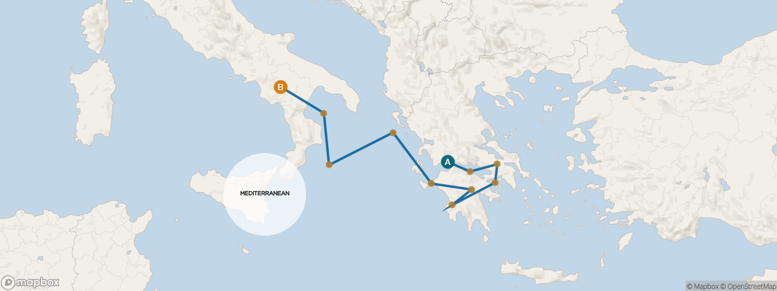 Seven Seas Voyager Voyage VOY260407 itinerary map from Athens (Piraeus), Greece to Rome (Civitavecchia), Italy, April 7-17 2026, 10 days