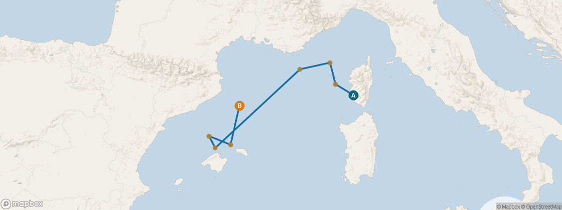 Seven Seas Voyager Voyage VOY260417 itinerary map from ROME (CIVITAVECCHIA), ITALY to BARCELONA, SPAIN, April 17-26 2026, 9 days