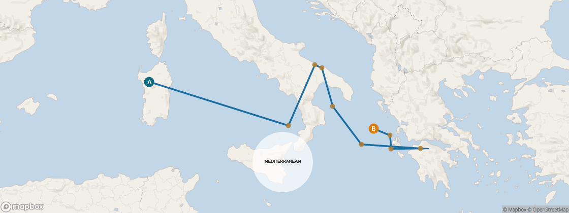 Seven Seas Voyager Voyage VOY260521 itinerary map from BARCELONA, SPAIN to ATHENS (PIRAEUS), GREECE, May 21-June 2 2026, 12 days