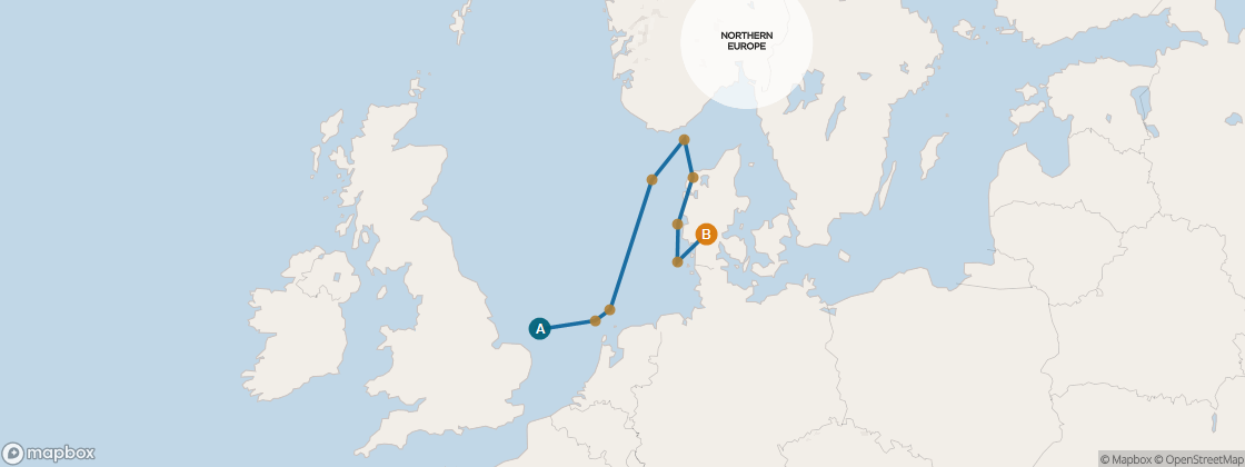 Seven Seas Voyager Voyage VOY260901 itinerary map from London (Southampton) to Copenhagen, September 1-11 2026, 10 days