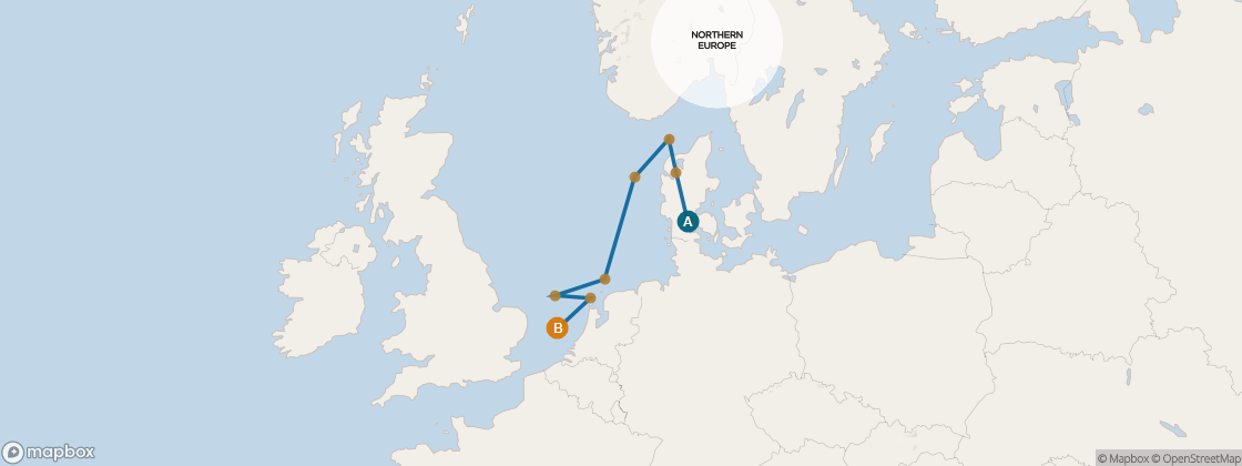Seven Seas Voyager Voyage VOY260911 itinerary map from Copenhagen to Paris (Le Havre), September 11-19 2026, 8 days