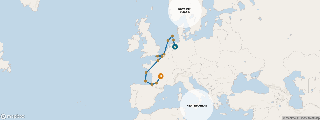 Seven Seas Voyager Voyage VOY260911A itinerary map from Copenhagen to Barcelona, September 11-28 2026, 17 days