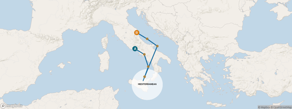 Seven Seas Voyager Voyage VOY261010 itinerary map from Rome (Civitavecchia) to Venice (Fusina), October 10-17 2026, 7 days