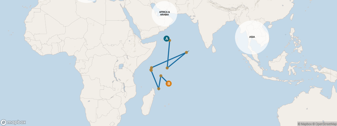Seven Seas Voyager Voyage VOY261228 itinerary map from Dubai to Port Louis, December 28-January 17 2027, 20 days