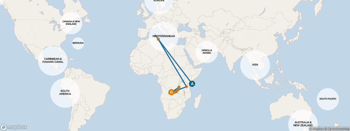 Seven Seas Voyager Voyage VOY270117 itinerary map from Port Louis to Cape Town, January 17-February 1 2027, 15 days