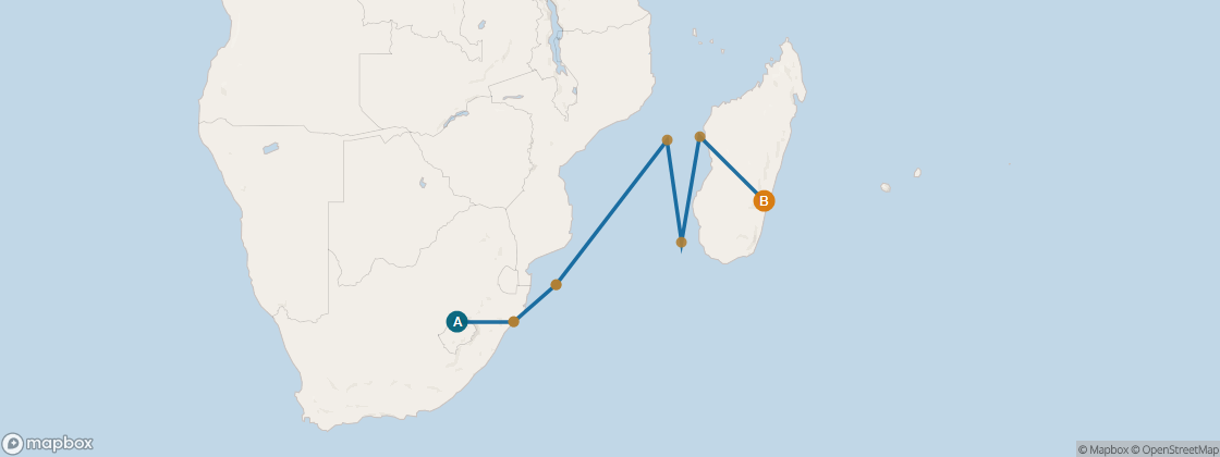 Seven Seas Voyager Voyage VOY270201 itinerary map from Cape Town to Port Louis, February 1-16 2027, 15 days