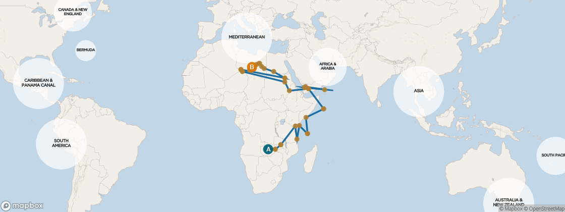 Seven Seas Voyager Voyage VOY270201C itinerary map from Cape Town to Barcelona, February 1-April 3 2027, 61 days