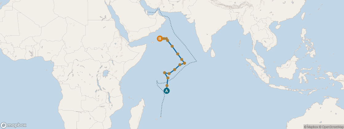 Seven Seas Voyager Voyage VOY270216 itinerary map from Port Louis to Mumbai, February 16-March 3 2027, 15 days