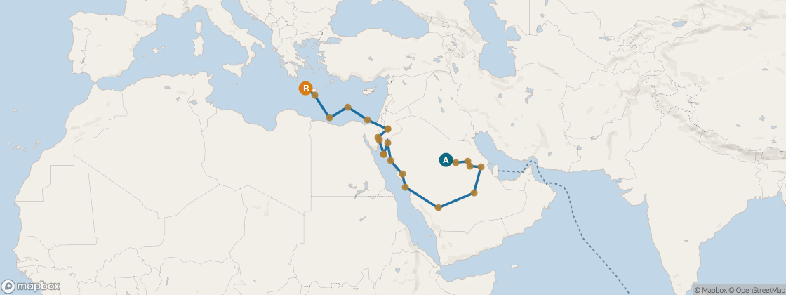 Seven Seas Voyager Voyage VOY270303 itinerary map from Mumbai to Rome (Civitavecchia), March 3-24 2027, 21 days