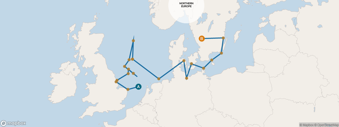 Seven Seas Voyager Voyage VOY270702A itinerary map from London (Southampton) to Stockholm, July 2-26 2027, 24 days