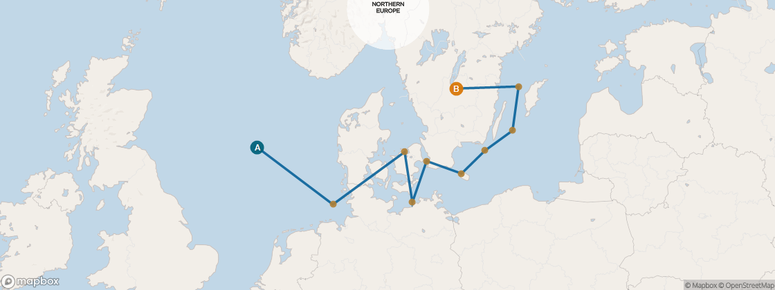 Seven Seas Voyager Voyage VOY270714 itinerary map from Edinburgh (Leith) to Stockholm, July 14-26 2027, 12 days