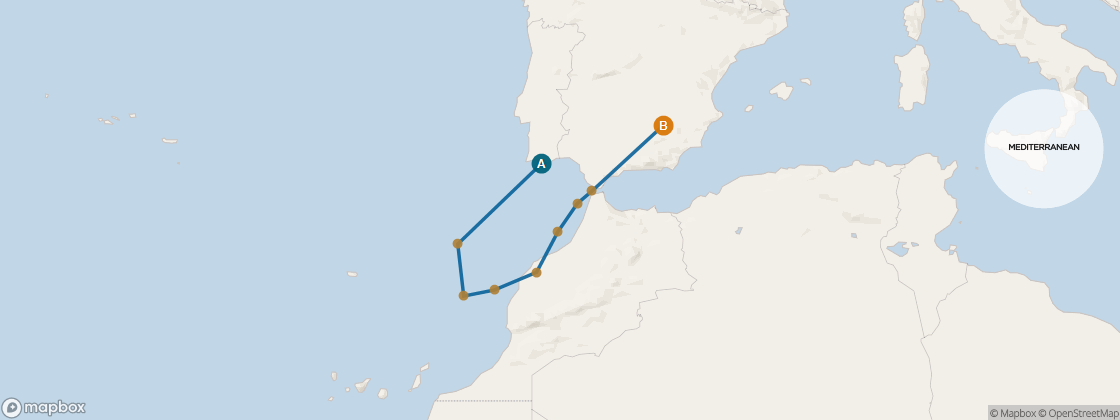 Seven Seas Voyager Voyage VOY271103 itinerary map from Lisbon to Barcelona, November 3-13 2027, 10 days