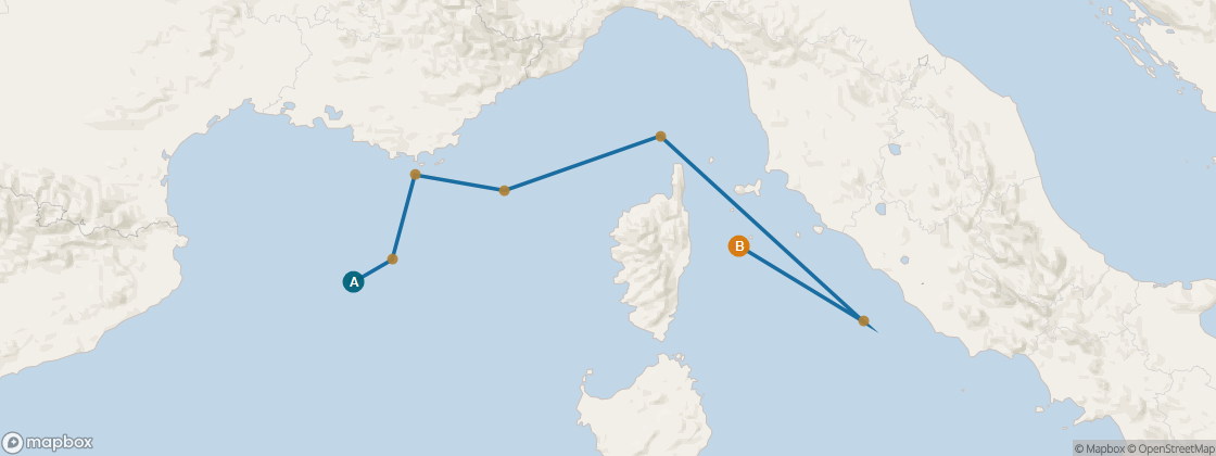 Seven Seas Voyager Voyage VOY271113 itinerary map from Barcelona to Rome (Civitavecchia), November 13-20 2027, 7 days