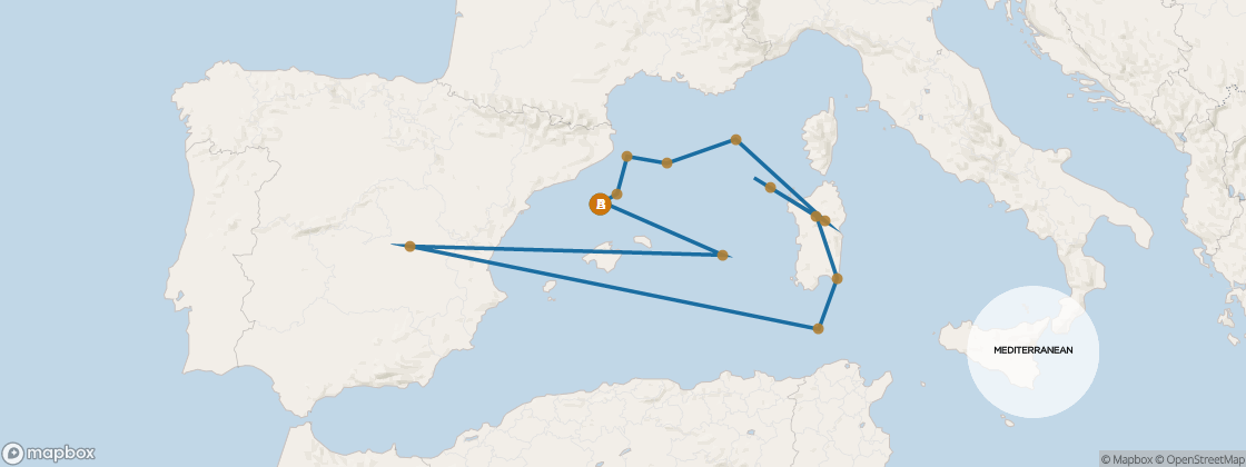 Seven Seas Voyager Voyage VOY271113A itinerary map from Barcelona to Barcelona, November 13-28 2027, 15 days
