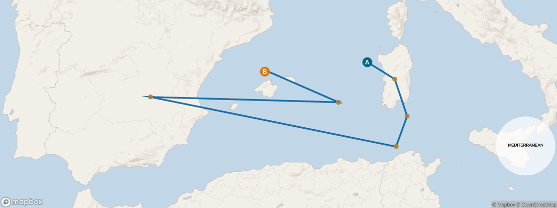 Seven Seas Voyager Voyage VOY271120 itinerary map from Rome (Civitavecchia) to Barcelona, November 20-28 2027, 8 days